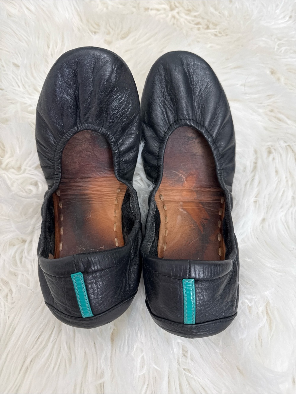 Tieks Black Leather Ballet Flats with Teal Heel Tab